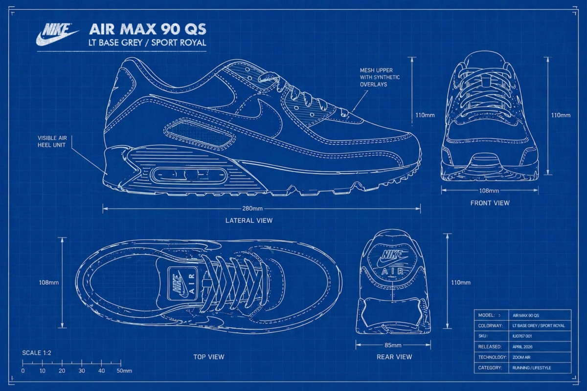 High-quality blueprint of Nike Air Max 90 QS Ultramarine sneaker with detailed measurements and design features.