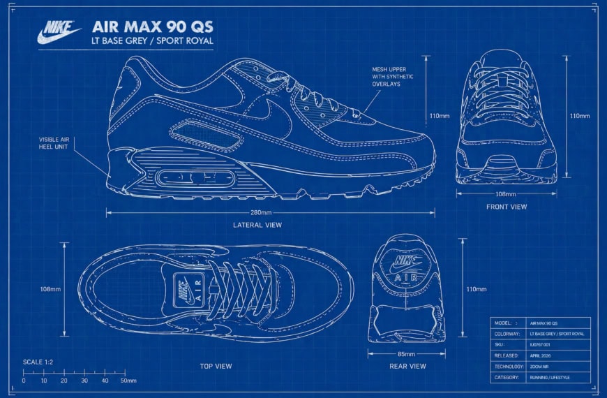 High-quality blueprint of Nike Air Max 90 QS Ultramarine sneaker with detailed measurements and design features.