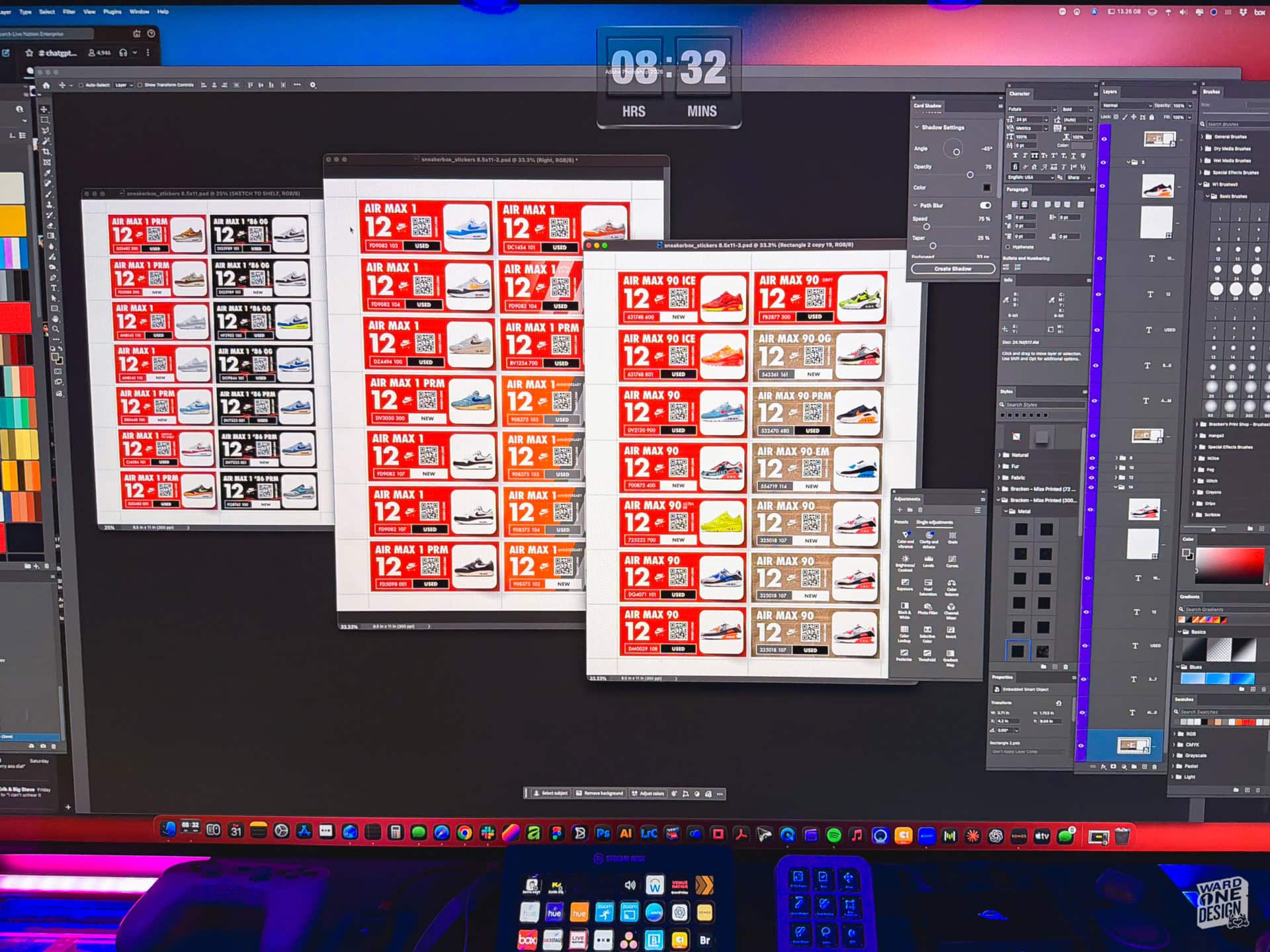 Digital design workspace displaying various promotional coupons and discount offers on a computer monitor, showcasing graphic design for marketing purposes.