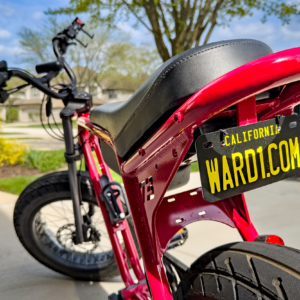 Electric bicycle with California license plate and custom website URL for eco-friendly transportation.