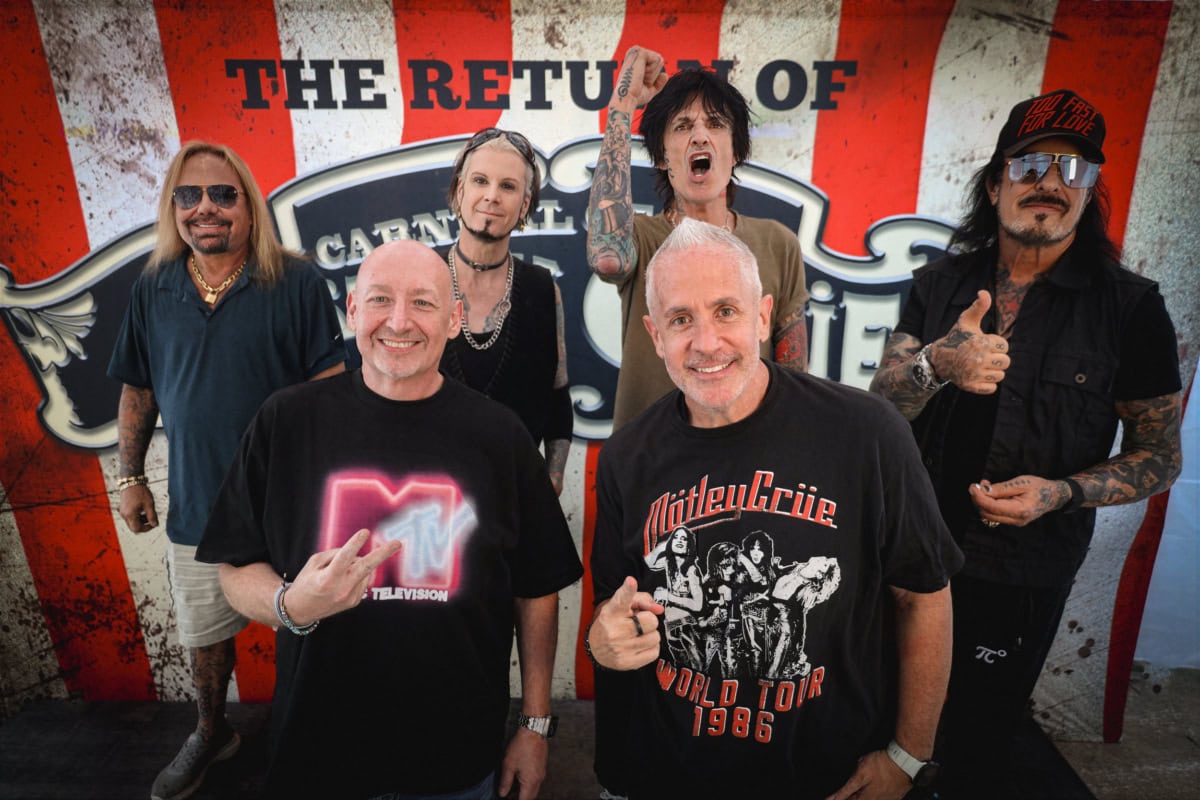 Mötley Crüe band members posing in front of a carnival-themed backdrop, promoting their 2026 tour, with energetic expressions and iconic rock style.