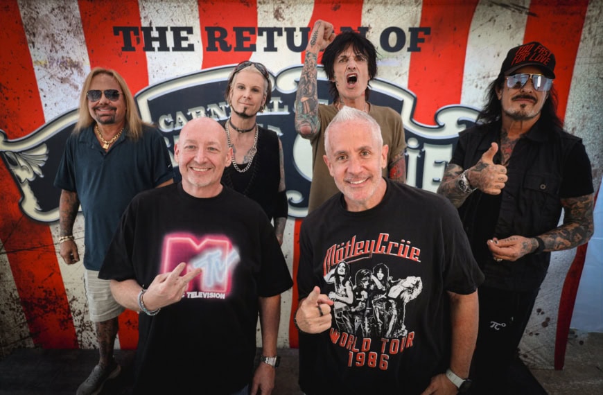 Mötley Crüe band members posing in front of a carnival-themed backdrop, promoting their 2026 tour, with energetic expressions and iconic rock style.