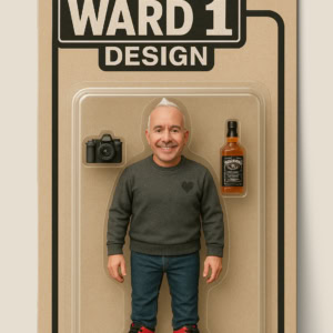AI action figure with realistic features, dressed in casual attire, accompanied by a camera and whiskey bottle, representing innovative collectible art.