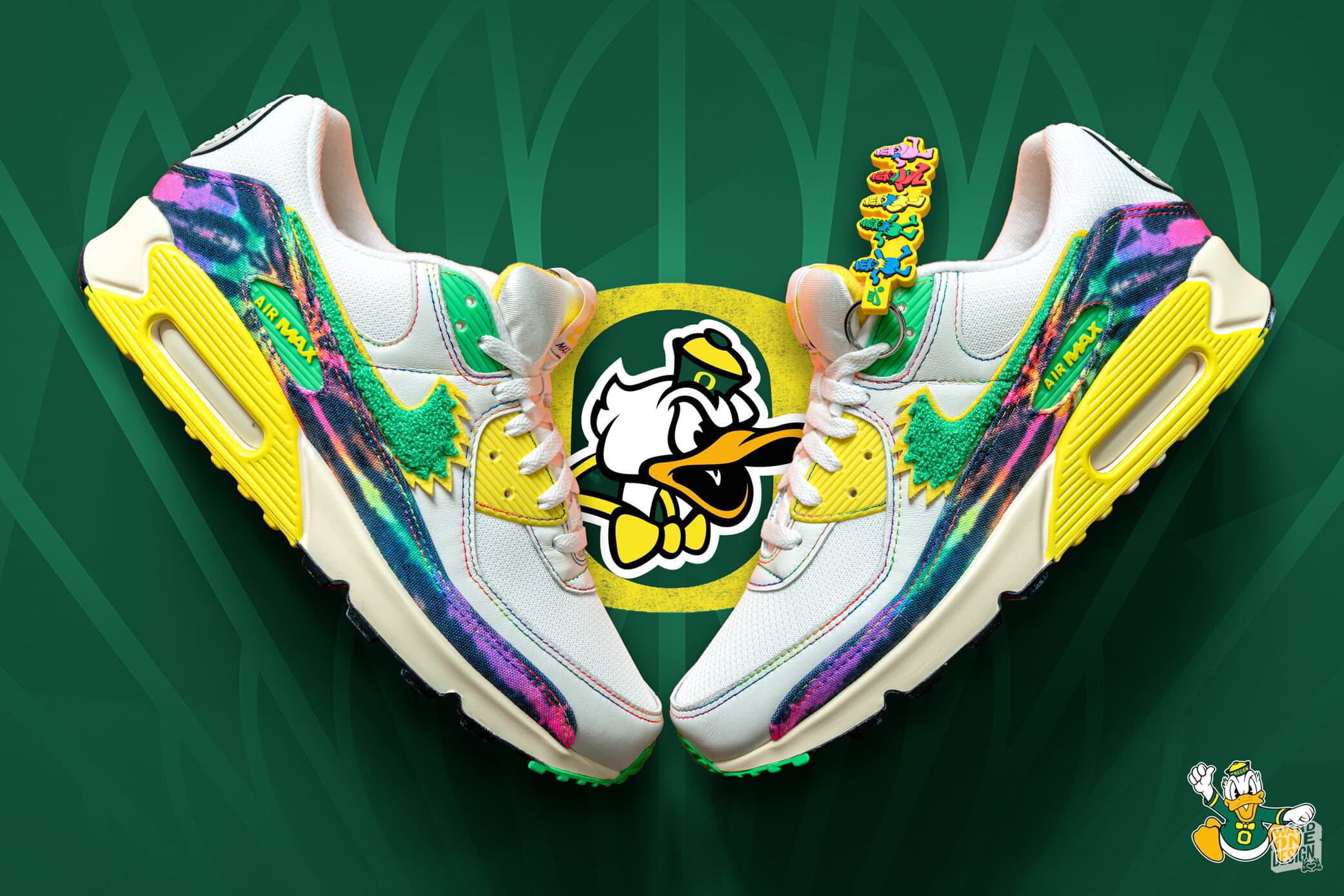 Colorful Air Max 90 sneakers featuring a vibrant duck design, perfect for sneaker enthusiasts and collectors. Bright, eye-catching footwear inspired by the Grateful Ducks theme.