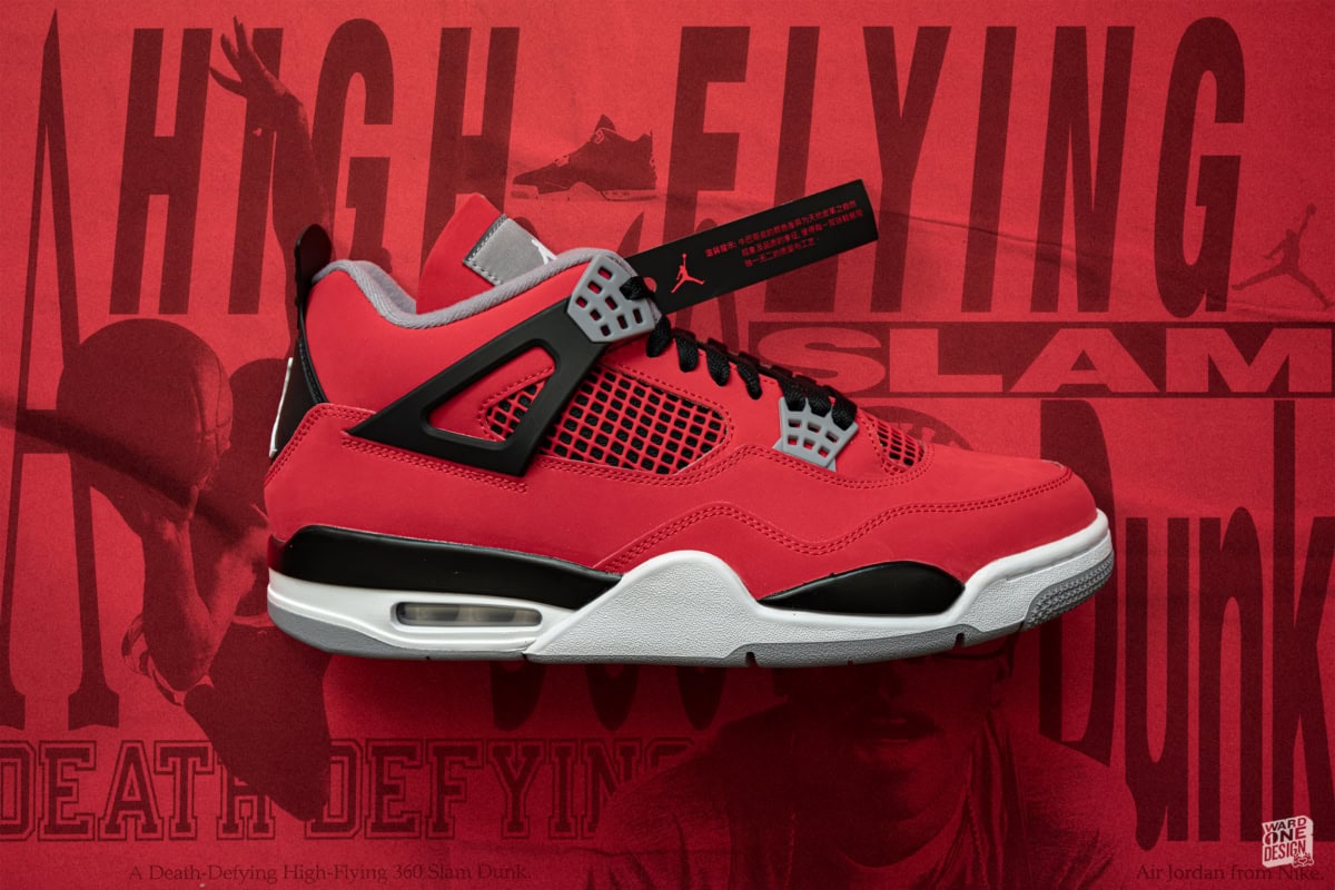 Stylish red high-top sneakers with black and white accents, designed for athletic performance and streetwear fashion, showcased on a vibrant red background.