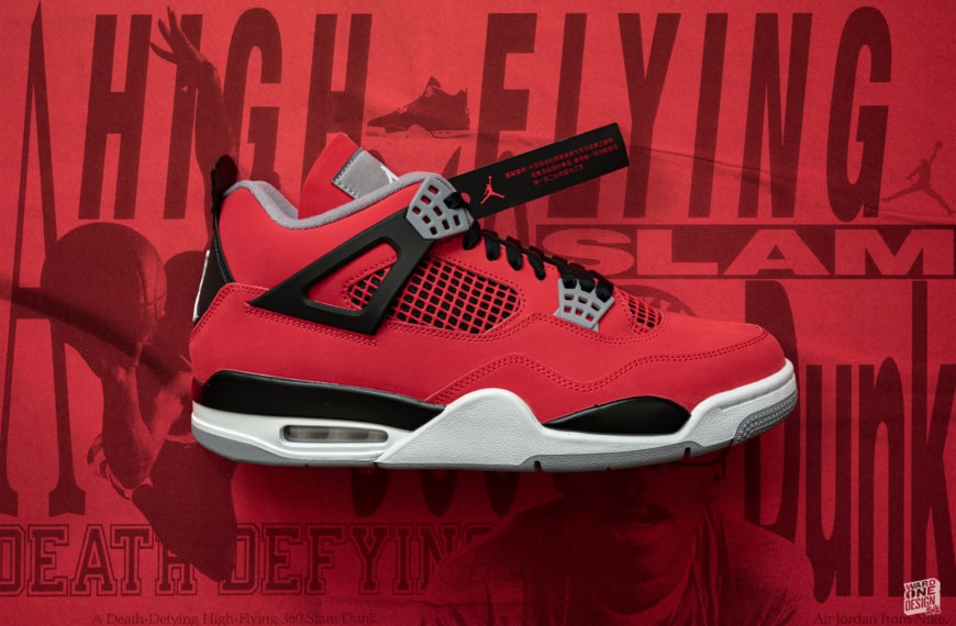 Stylish red high-top sneakers with black and white accents, designed for athletic performance and streetwear fashion, showcased on a vibrant red background.