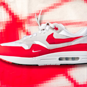 Modern Air Max 1 Low Poly sneaker in white and red, featuring a sleek design and visible air cushioning, perfect for sneaker enthusiasts and streetwear fashion.