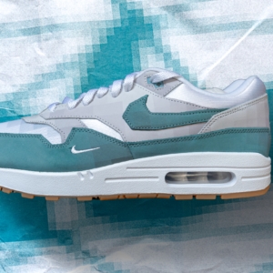 Air Max 1 Low Poly sneaker with a geometric, low-poly design in shades of teal and white, inspired by adventure themes. Perfect for sneaker enthusiasts and modern streetwear fashion.