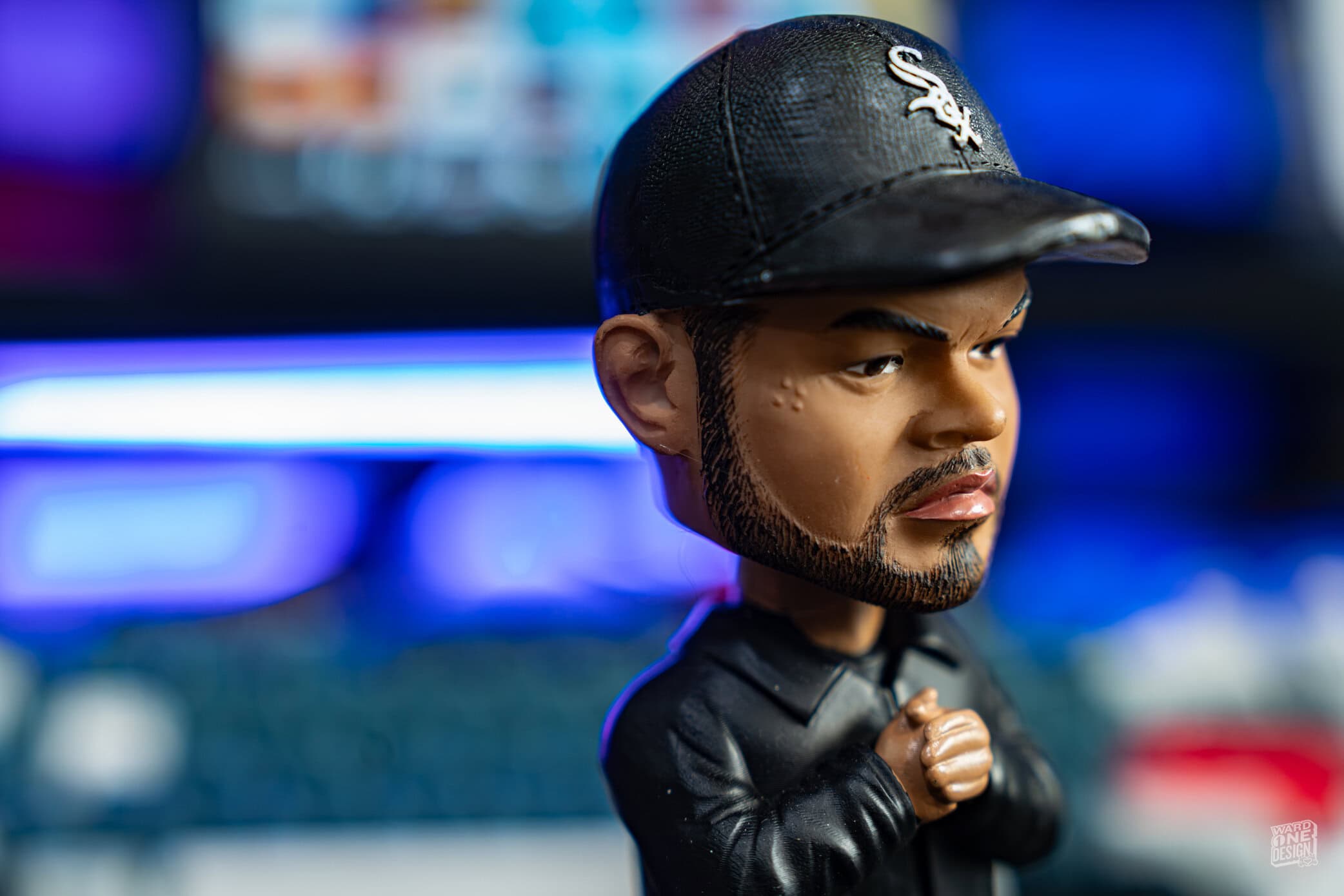 White Sox bobblehead featuring rapper Ice Cube, showcasing team loyalty and pop culture memorabilia. Perfect for sports fans and collectors of baseball and hip-hop themed collectibles.