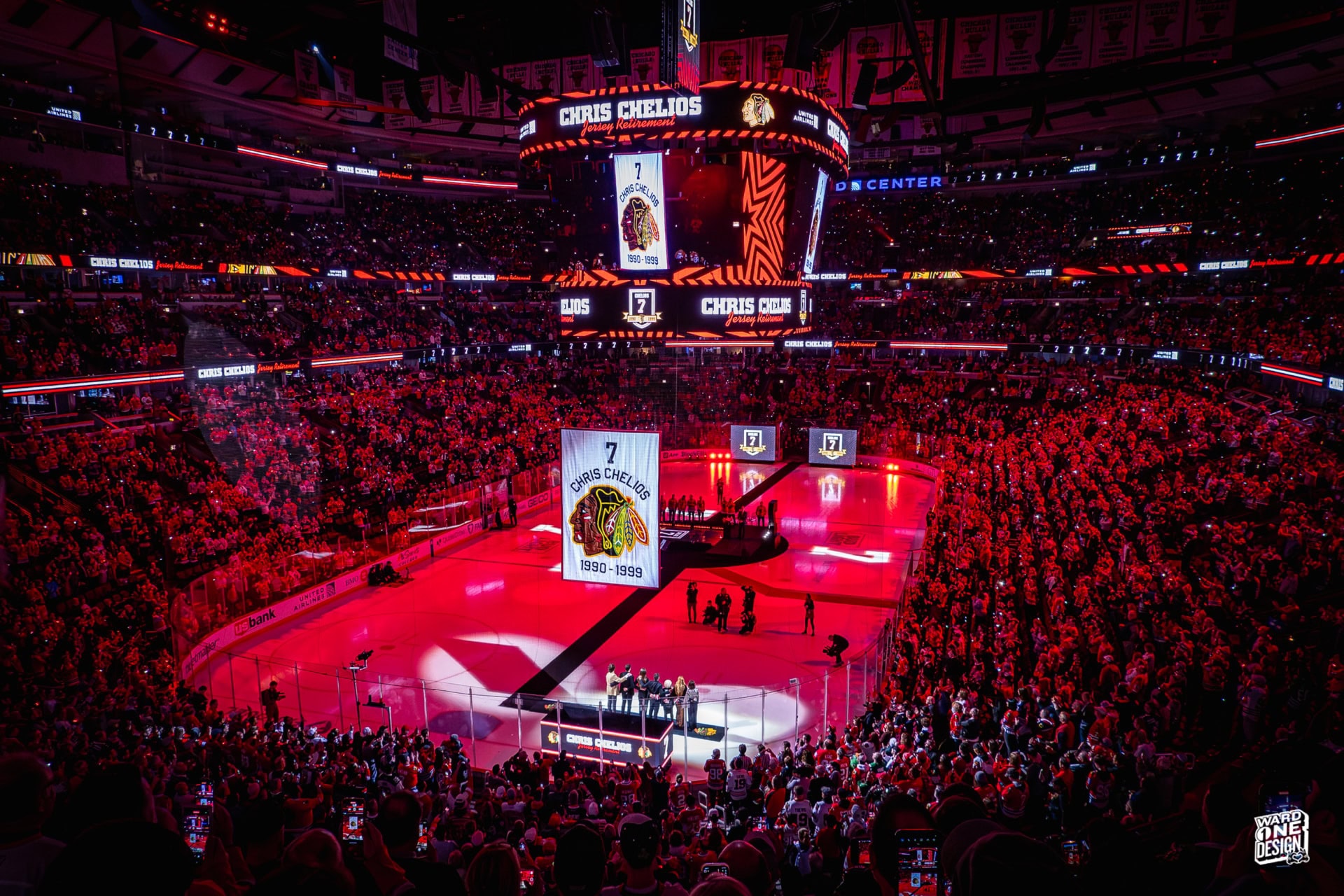 Los Angeles Kings Hockey Game at Crypto.com Arena Crowd watching a hockey game at Crypto.com Arena with a large scoreboard displaying Chris Chelios and a tribute to his career.