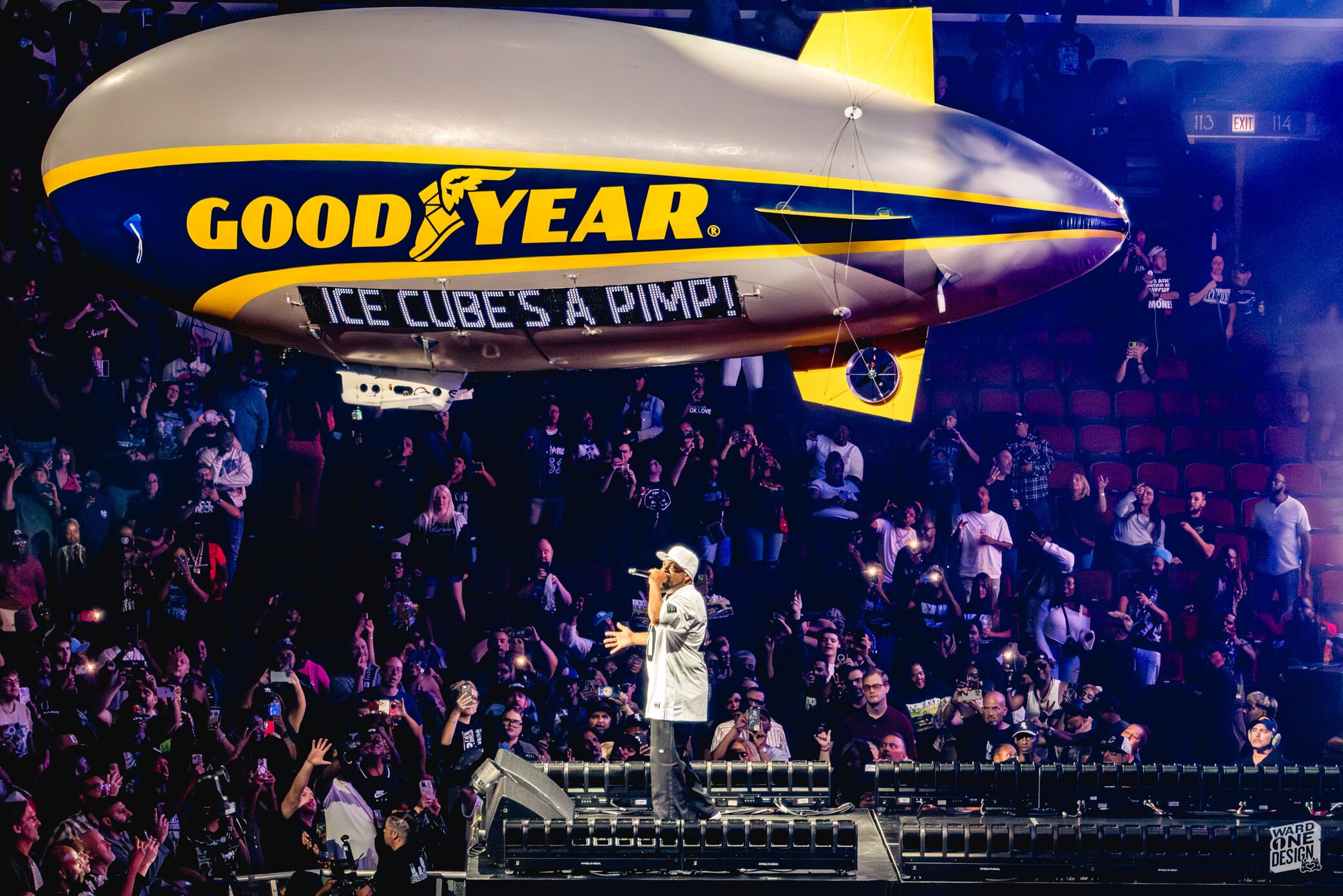 Ice Cube performs at the Truth to Power Tour with a Goodyear blimp overhead.