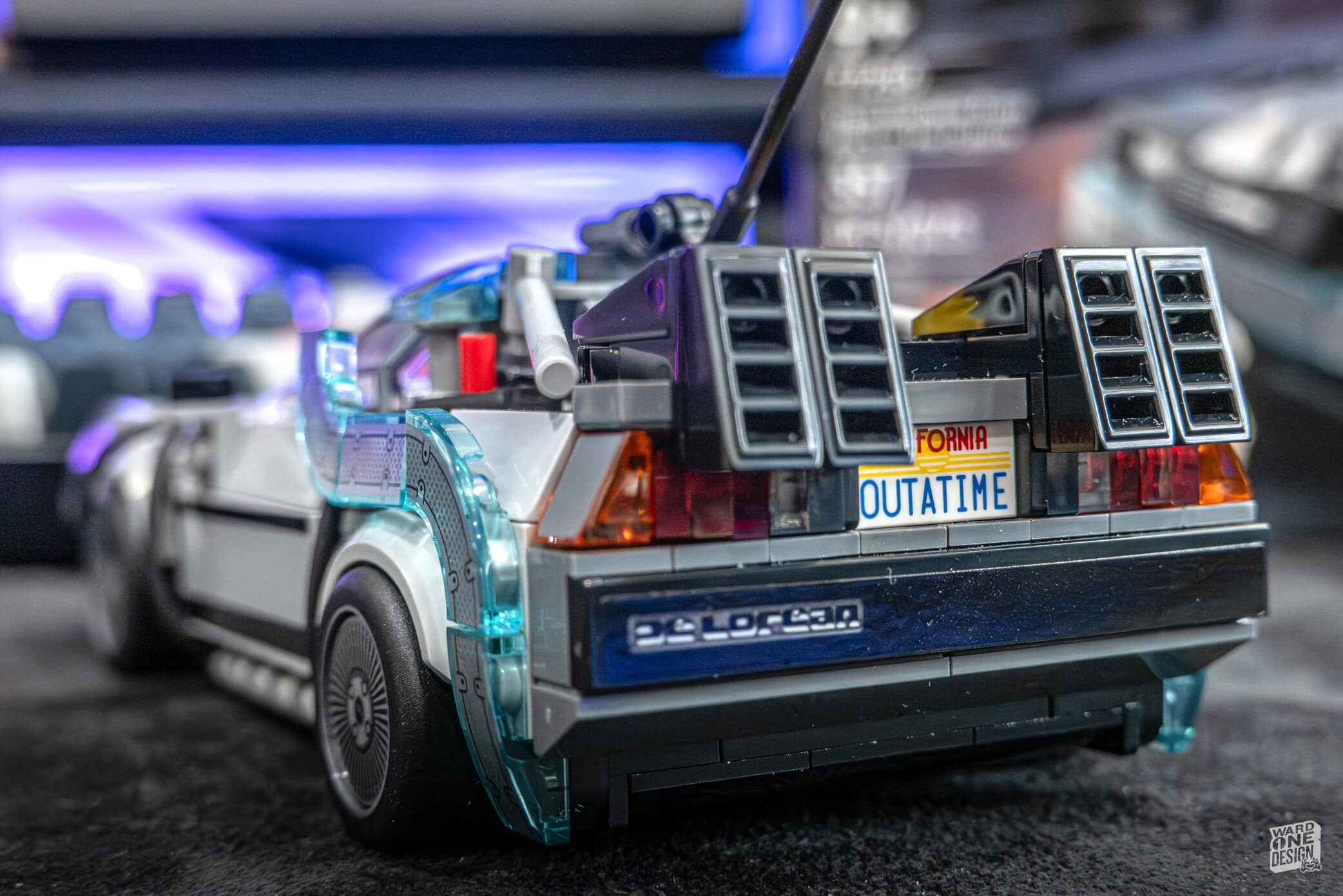 An intricately detailed Lego model of the DeLorean from Back to the Future, part of the Speed Champions series, showcasing the iconic time machine with futuristic design elements.