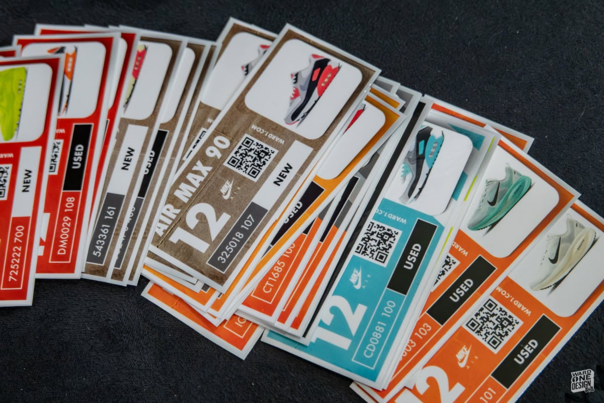 Collection of colorful SneakerBox stickers featuring various sneaker designs and QR codes, ideal for customizing shoes and sneaker enthusiasts.