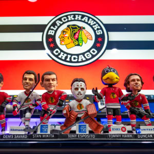 Collection of Chicago Blackhawks themed bobblehead figures featuring team players and mascot, displayed on a shelf with team logo in the background.