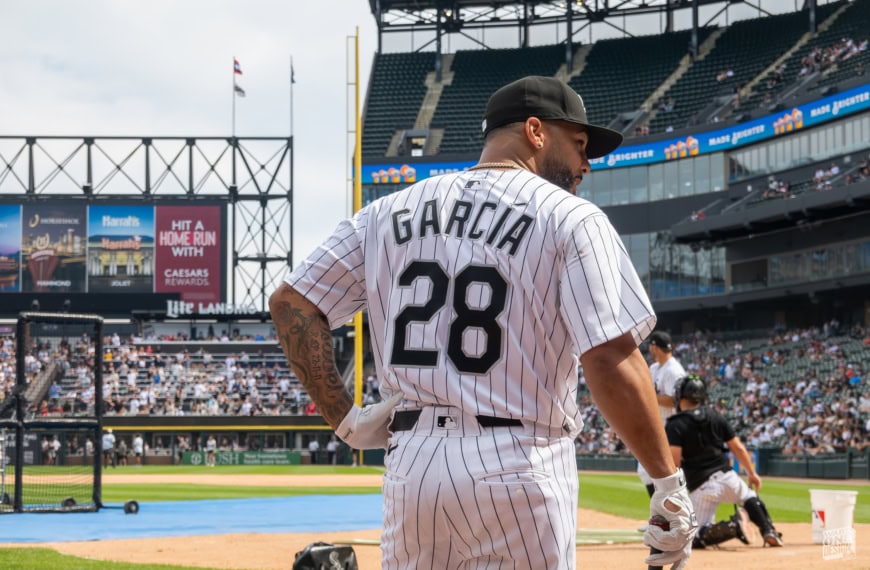 New York Yankees baseball player Garcia wearing jersey number 28, standing on the field during a game at Yankee Stadium.