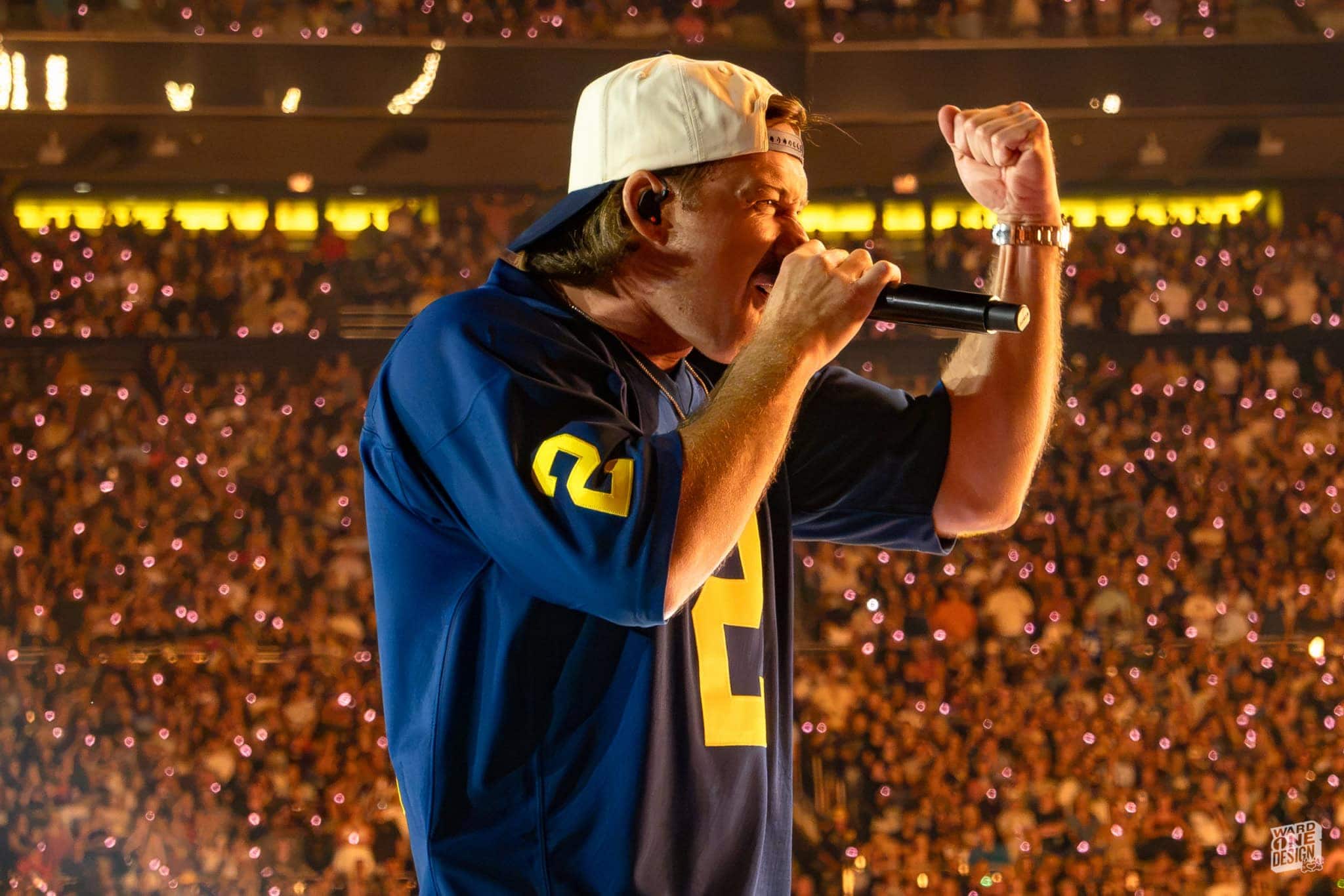 Concert Performer Singing Live on Stage Performer singing passionately into a microphone during a live concert with a large, illuminated crowd in the background.
