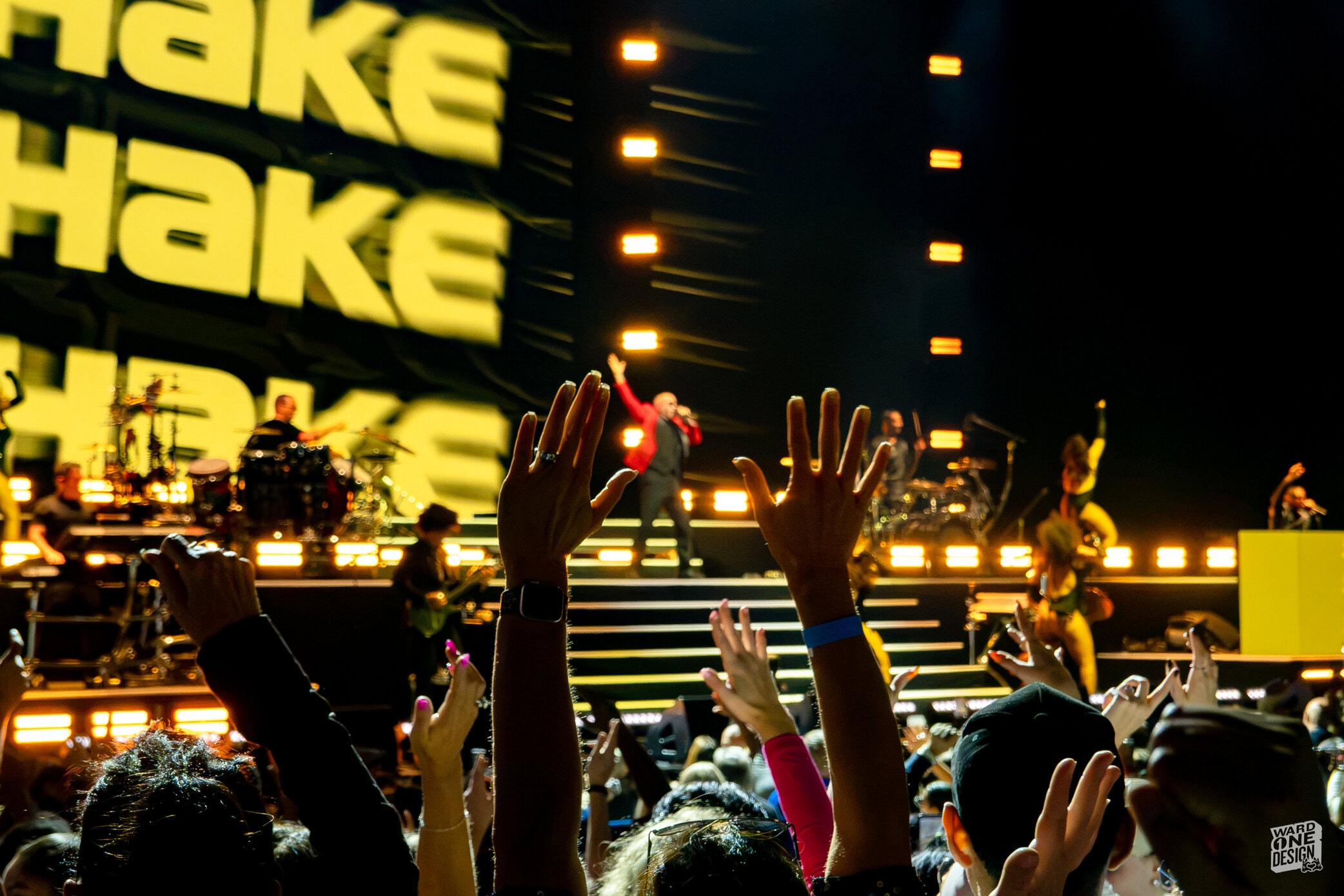 Crowd enjoying a live concert with hands raised, stage lights, and performers in the background, vibrant and energetic atmosphere.